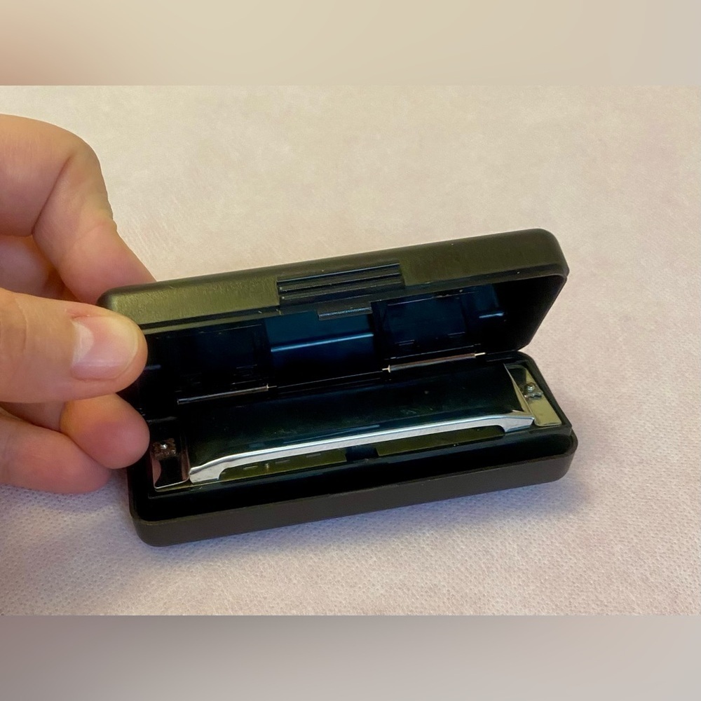 Black and Silver Harmonica with Case. Vintage
